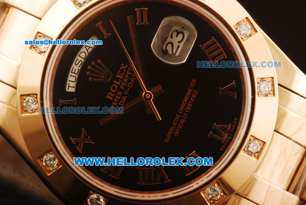 Rolex Day-Date Swiss ETA 2836 Automatic Rose Gold Case with Diamond Bezel and Black Dial -Rose Gold Strap - Click Image to Close